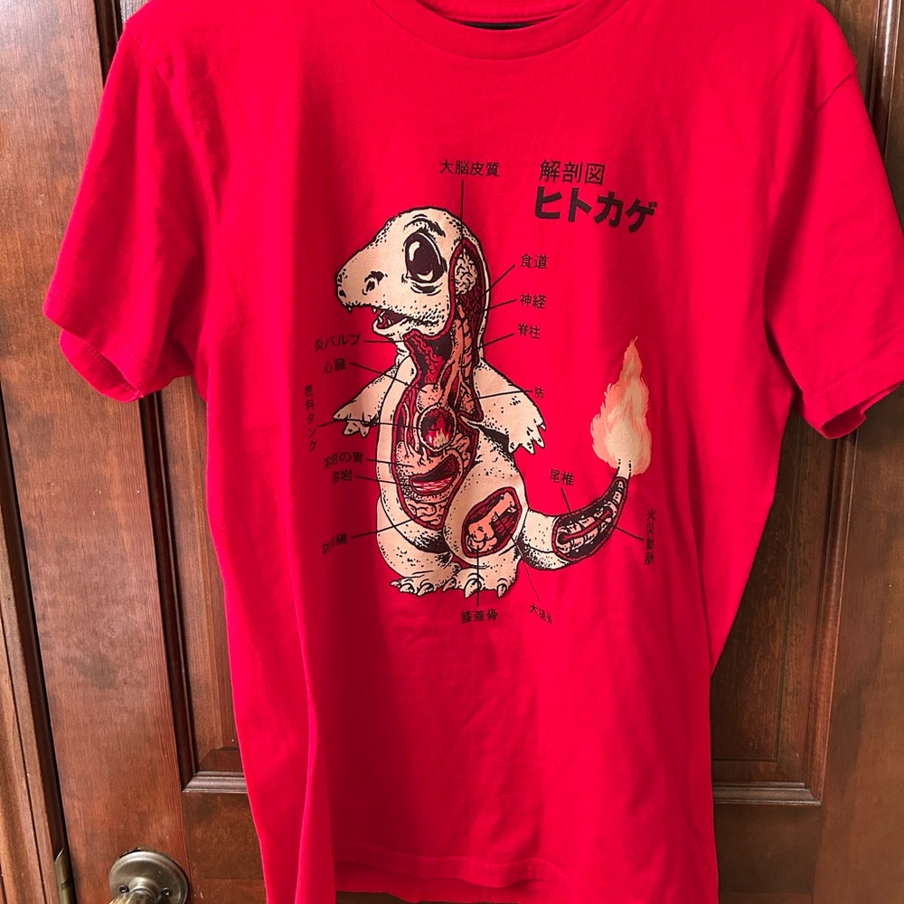 Vibrant Red T-Shirt with Charmander Anatomy Graphic Design. Size L